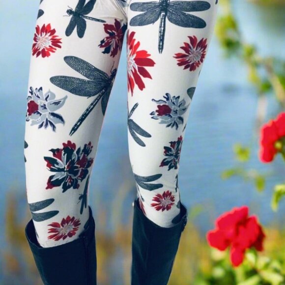 OS/Plus New Womens Dragonfly Red Floral Leggings, Yoga Waist Pants - Picture 6 of 9